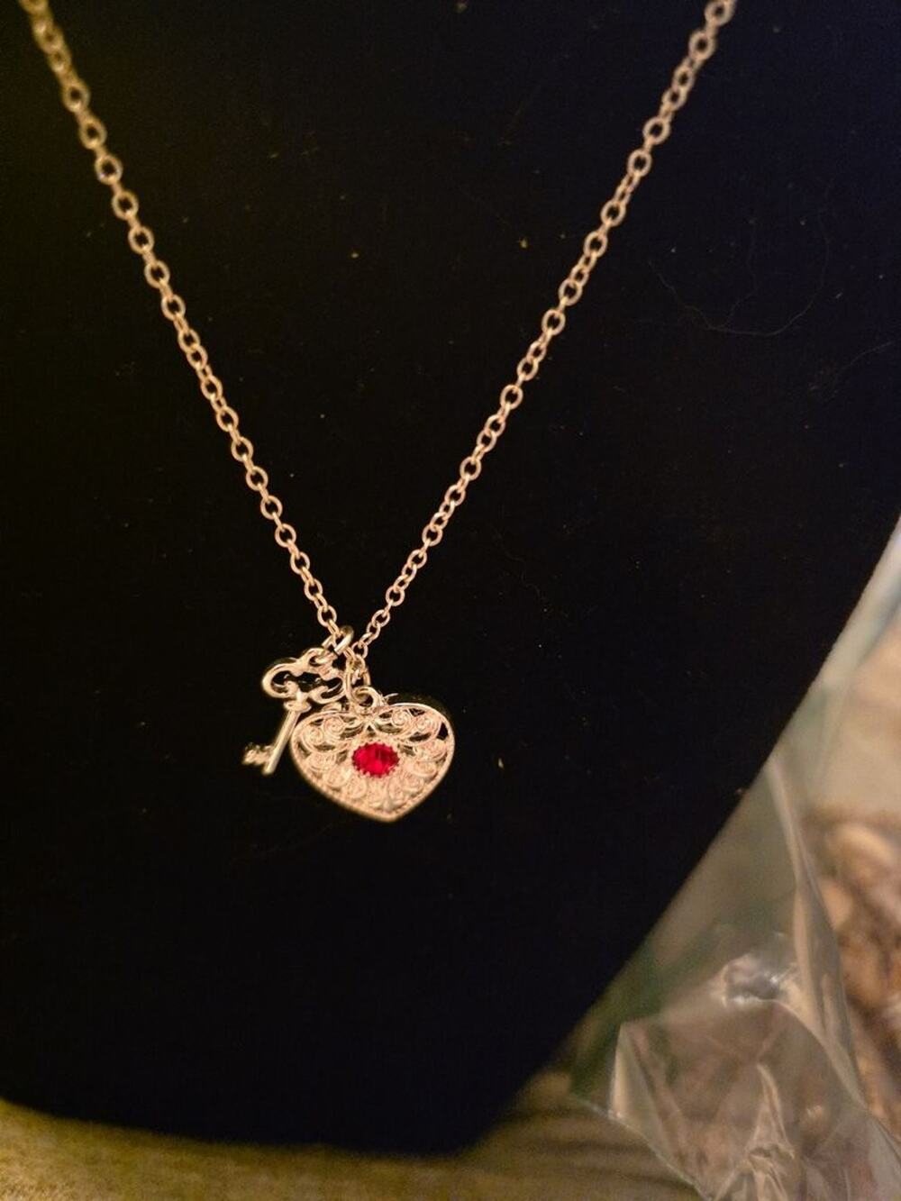 Vintage 16-Inch Silver-Tone Heart and Key Pendant Necklace with Red Stone